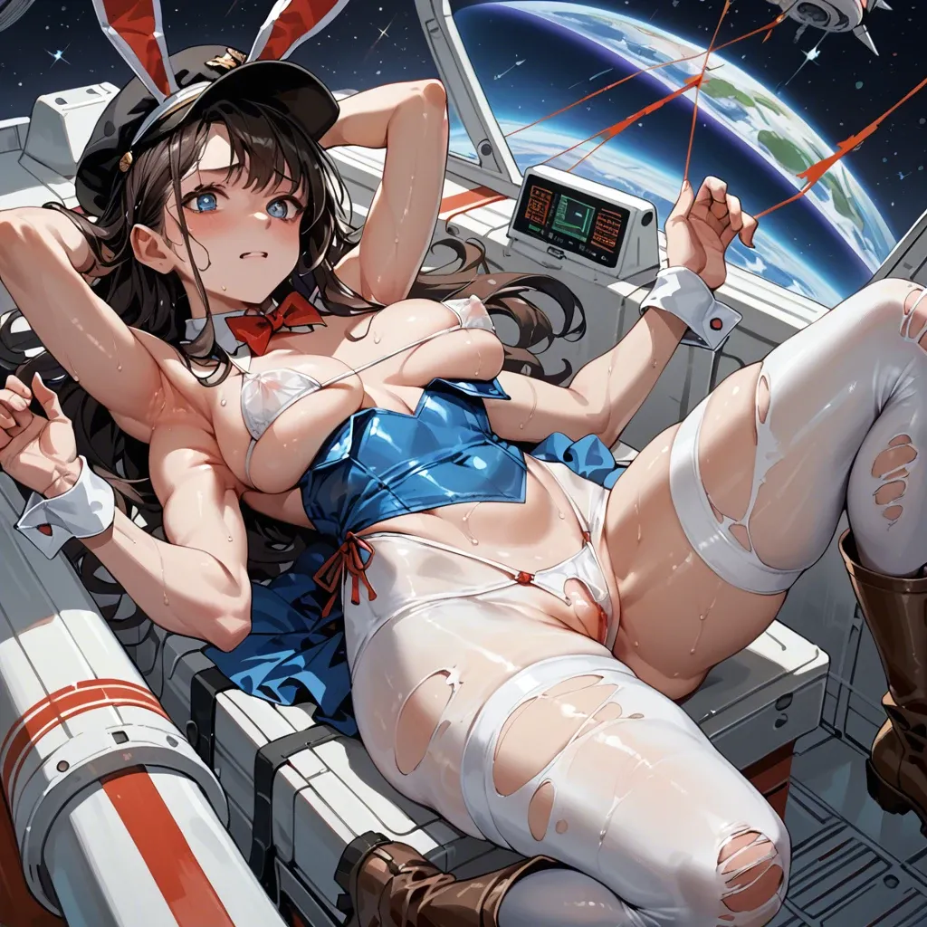 2girl, , , , pupil,extra arms,puffy nipple,space ship,white skin, bunny costume,white pantyhose,red bowtie,wet bikini,white boots, blue dress,torn thighhighs,black hat,hand on panties,brown boots, public park, spaceship, holding dildo, anime, dark blue eyes, lara croft, rapunzel, mari makinami