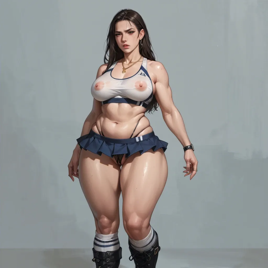 1girl,solo, , , , sharp jawline,plump thighs,perfect nipples,from waist up,skinned, micro skirt,laces,rings,highleg panties,black boots, blue skirt,knee-high socks,golden necklace,sports bra,sandals, restaurant, restrained, spaceship, girl lara croft, spider-gwen