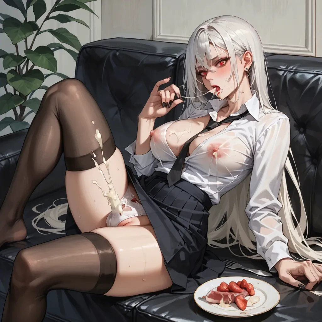 white hair red eyes black nails stockings skirt futa masturbate cum on big tits eating cum dick in panties