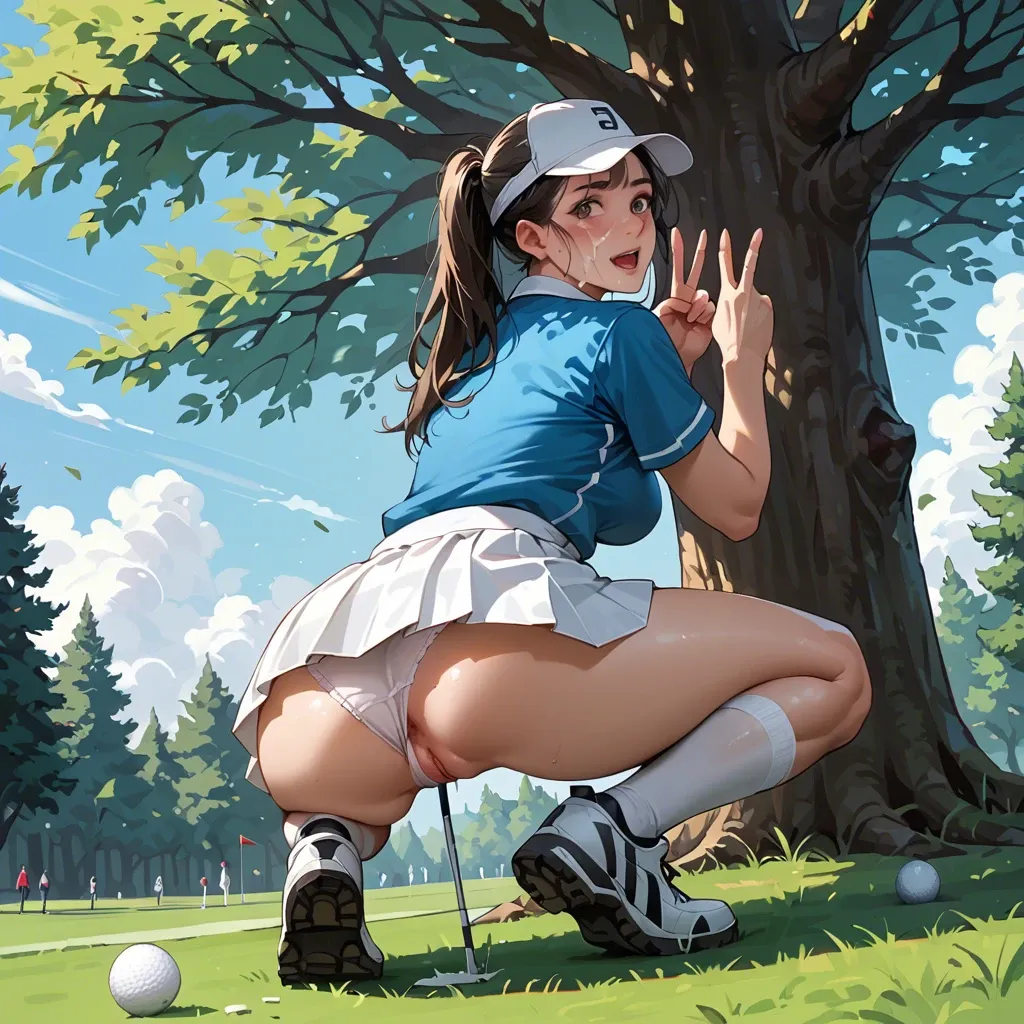 Golf outfit, outdoors, white skirt, behind a tree, pussy flash,cute panties , squatting , facial , v sign,ass