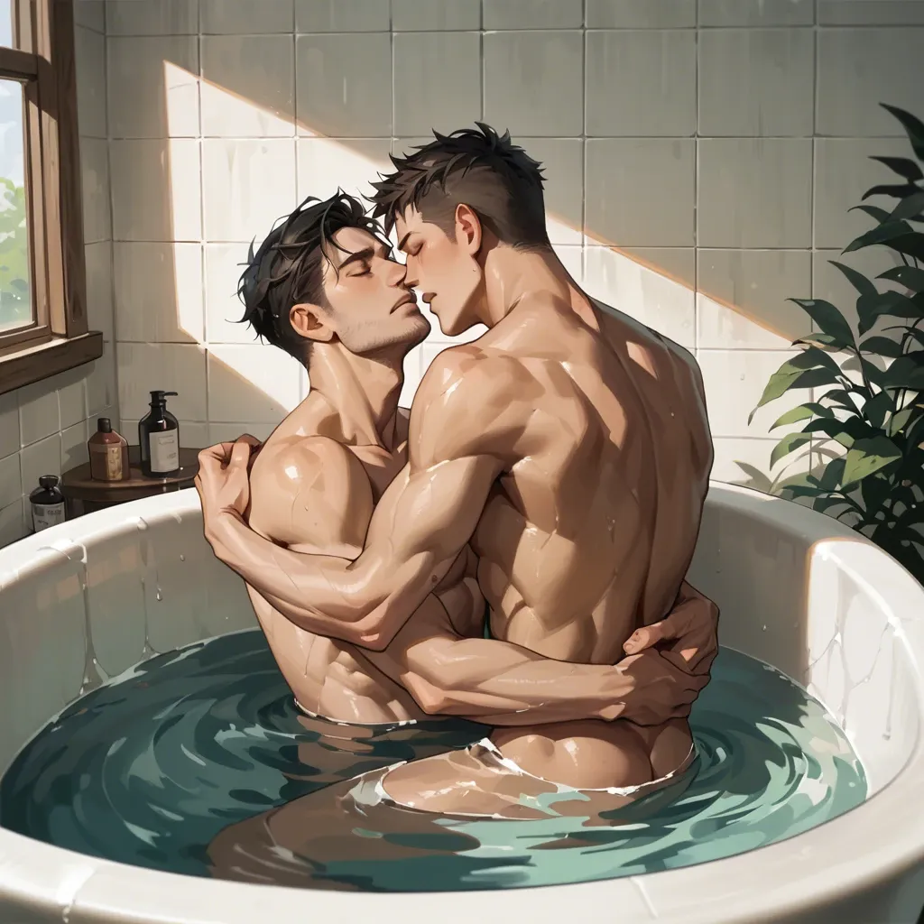 2boys,,, sitting in a bathtub, leaning back, relaxing, eyes closed, side view, good anatomy, high quality, back to chest, arms around waist