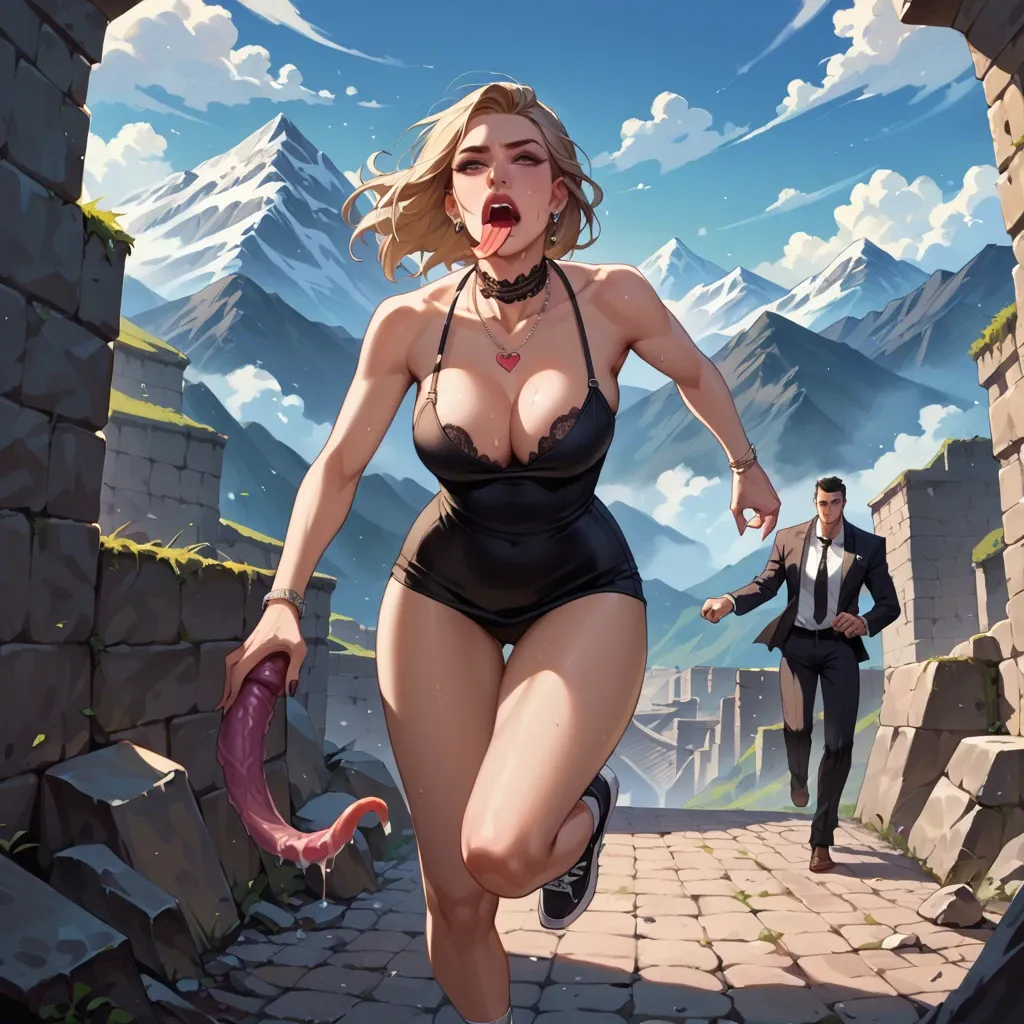 1girl,1boy, , , , long tongue,hand,whore cleavage,whore cleavage,heart necklace, black shirt,lace choker,necktie,one-piece,running shoes, bare shoulders, mountains, dungeon, riding dildo, digital art, sunlight, girl lara croft, wonder woman