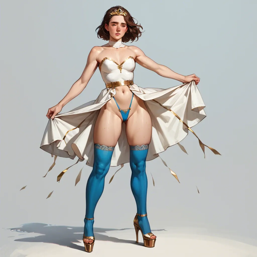 2girl, , , , freckle,amazing thighs,round tits,navel,ankles, dress,knee-high socks,gold tiara,highleg panties,white boots, white dress,blue stockings,suspender belt,cotton panties,platform heels, bedroom, crowded train, medieval prison, robot girl, painted, dark makeup, dynamic pose