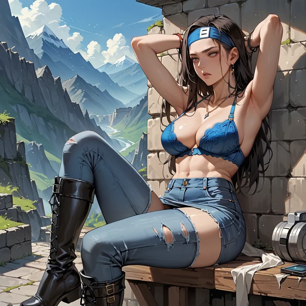 2girl, , , , eyes half open,armpit fetish,huge boobs,slim waist,hold neck, tight jeans,necklace,headband,mini skirt bra,knee boots, maebari, mountains, dungeon, smartwatch, anna