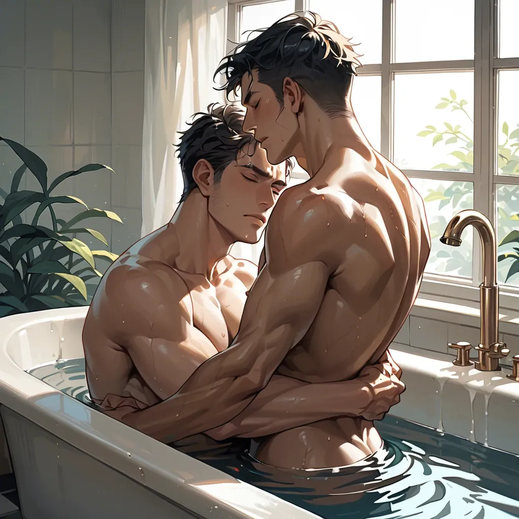 2boys,,, sitting in a bathtub, leaning back, relaxing, eyes closed, side view, good anatomy, high quality, back to chest, arms around waist