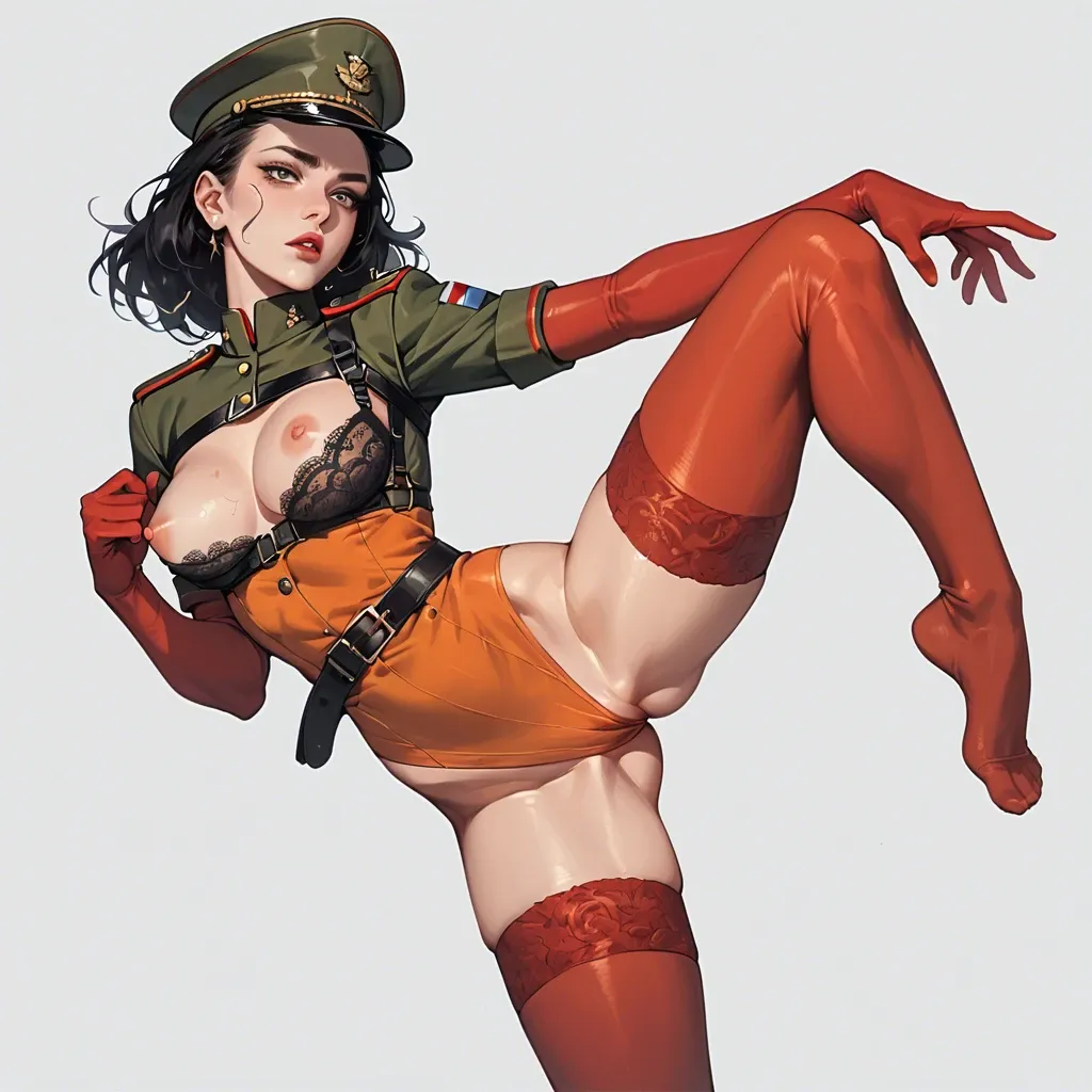 1girl,solo, , , , expressive eyes,one leg up,perfect nipples,thin waist,neck, army uniform,leg warmers,belts,orange leotard,no shoes, blouse,red stockings,elbow gloves,black lace bra,ballet shoes, embarrassed, dark alleyway, medieval tavern, unforgettable, headphones, realistic, studio lighting, super mario, rapunzel