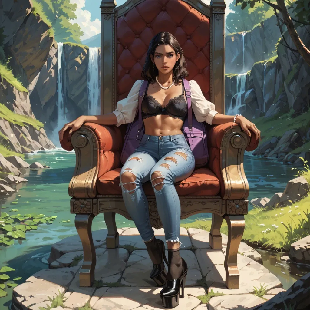 1girl,solo, , , , cheekbones,tentacle legs,medium boobs,purple backpack,tan skin, torn jeans,socks,pearl necklace,black lace bra,platform heels, couch, in the river, medieval theme, throne, detailed hands, dark roots, mario, spider-gwen, dynamic angle