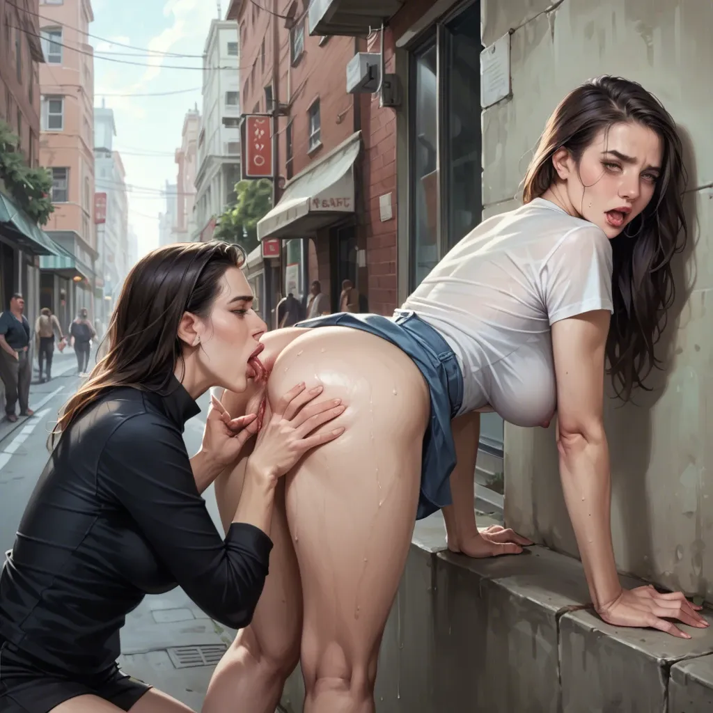 Photorealistic, realism, 2girls, a fully clothed Voluptuous woman bending over and sticking her ass against another woman's face in a public place , cameltoe, cunnilingus, sniffing her ass and pussy , sweaty, , ahegao, gigantic sagging breasts,  big ass, perfect eyes, beautiful eyes