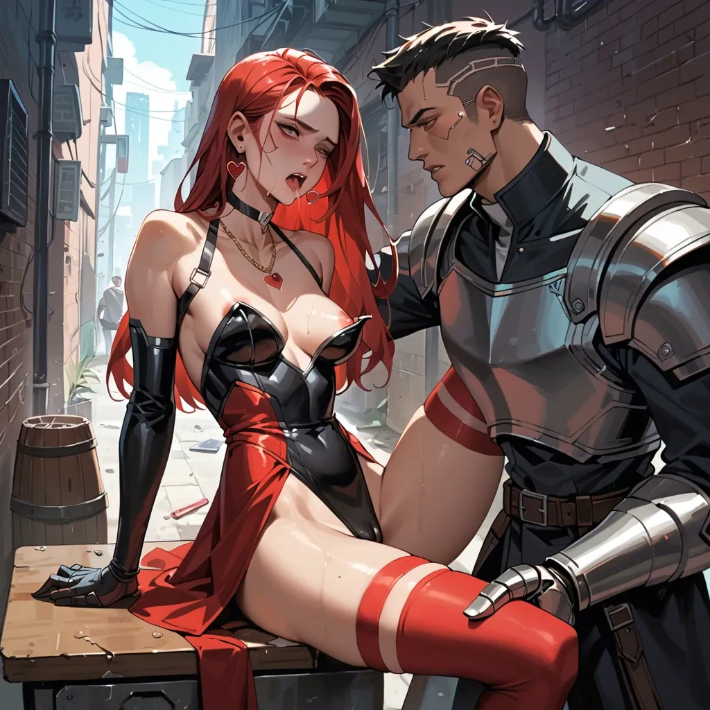 1girl,1boy, , , , catching,slender legs,nipple slip,absurd res,heart necklace, red dress,red thighhighs,saliva strings,black leotard,armored boots, club setting, alley, cyberpunk, on desk, painted, studio lighting, mario, anna frozen, ariel waifu