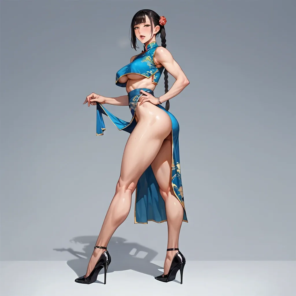 3/4 view, dress, hips cutout, athletic body, long legs, athletic legs, see through, qipao, calves, underboob, hips, ass, kabuki, school, high heels, whore, lover, leg up, flashing, no face