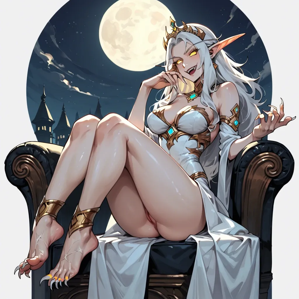 sharp toe nails. long toe nails. claw like toe nails. presenting feet. night elf queen. white hair, yellow glowing eyes. evil smile.  moon. light-blue skin. white dress. golden jewlery. tiara.