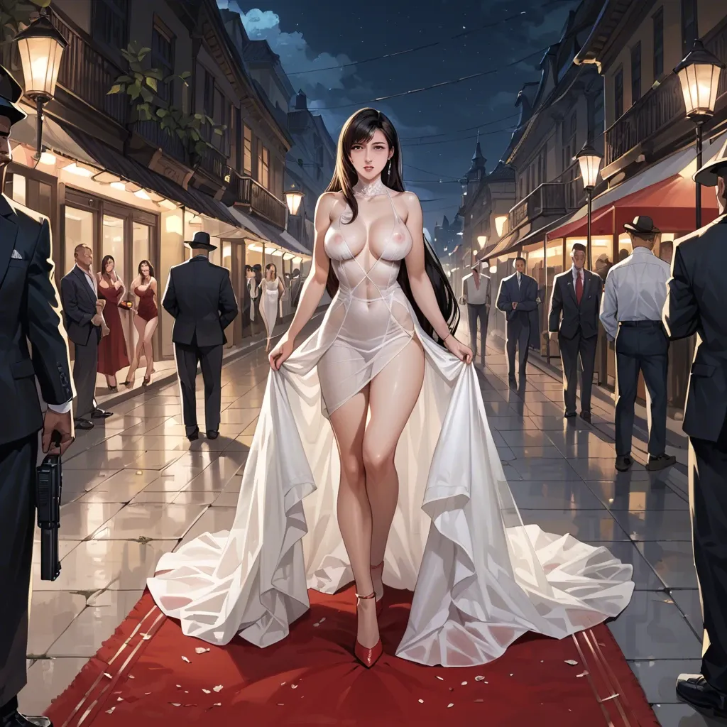 tifa, long white dress, see through, red carpet, men background, cameramen background, fancy event, night, beautiful, outdoor