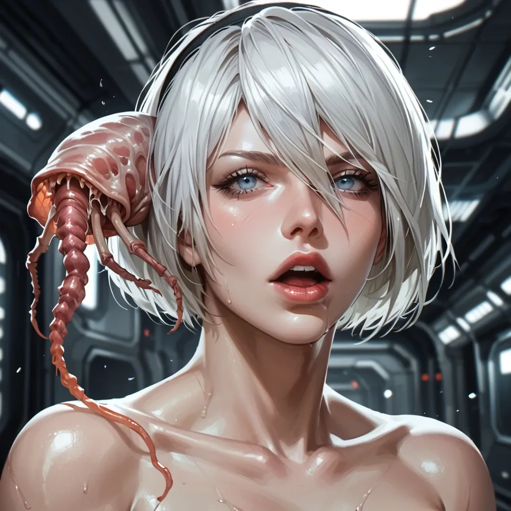 Dark spaceship,low light,Yorha 2B,alien parasite sit on face