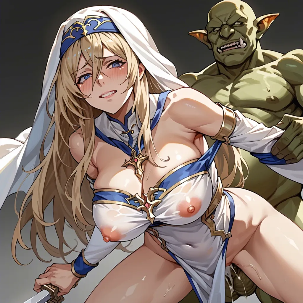 sword maiden (goblin slayer), disgusted smile, deep penetration, gigantic penis