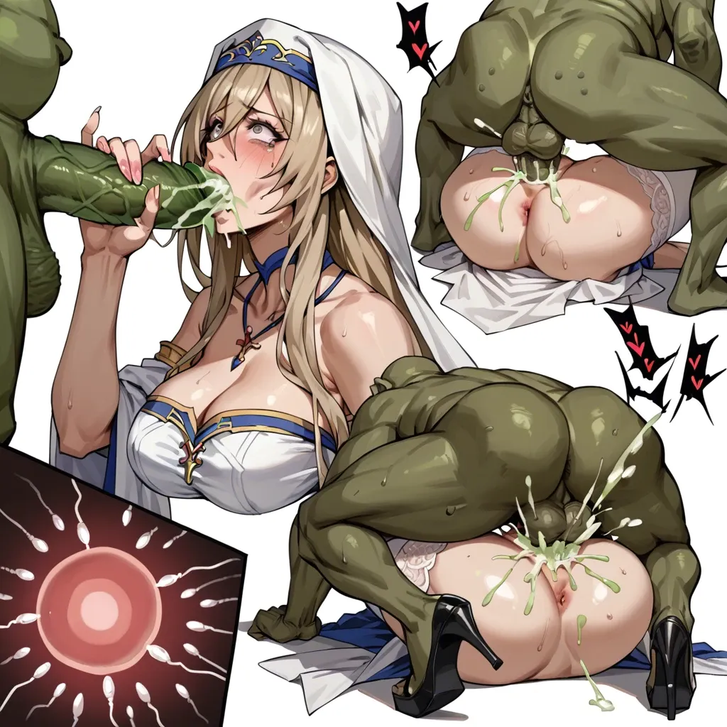 sword maiden (goblin slayer), x-ray stomach deformation, ugly goblin, deep penetration, scared expression, platform heels, stockings, x-ray cum in pussy, mating press, gigantic penis, green cum, view from above, green sperm cell, sperm meets ovum