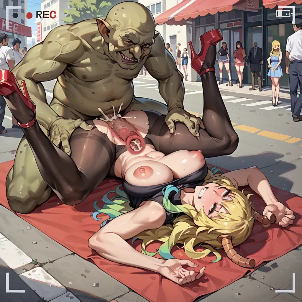 lucoa (maidragon), x-ray stomach deformation, ugly goblin, deep penetration, disgusted smile eyes open, platform heels, pantyhose, x-ray cum in pussy, gigantic penis, lying on back, recording, public, face focus, grab breasts of another