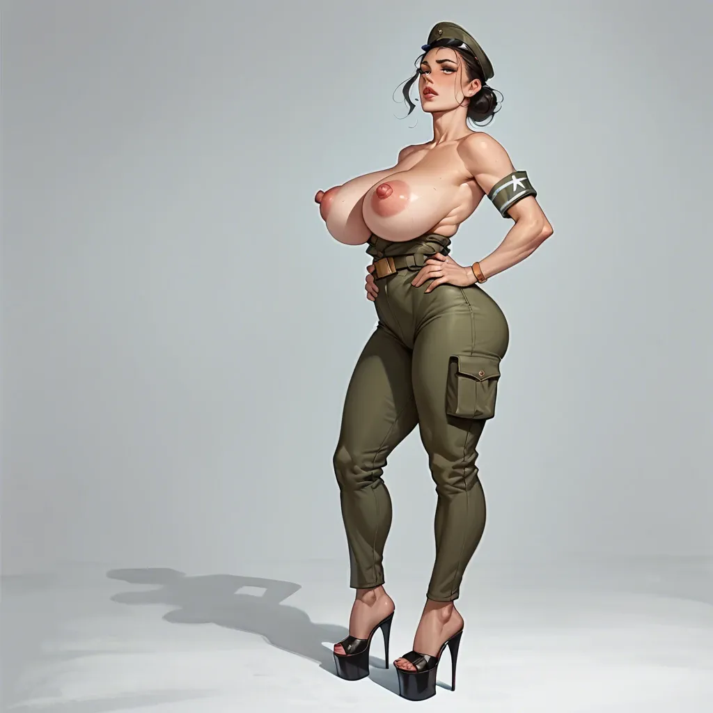 1girl,solo, , , , luscious lips,platform heels,huge nipples,hands on waist,kneepits, cheek bulge,armband,firm breasts,arched back,bare shoulders, sultry eyes,in army uniform,thick nipples,very slim waist,pink scaly skin, shirt,heart necklace,big earrings,mini skirt bra,high heels, china dress,gold anklets,blue panties,black panties,running shoes, undressing,knee-high socks,hoop earrings,black thong,sneakers, royal bedroom, cyberpunk, robot girl, detailed image, bright eyes, linked collars, rapunzel waifu