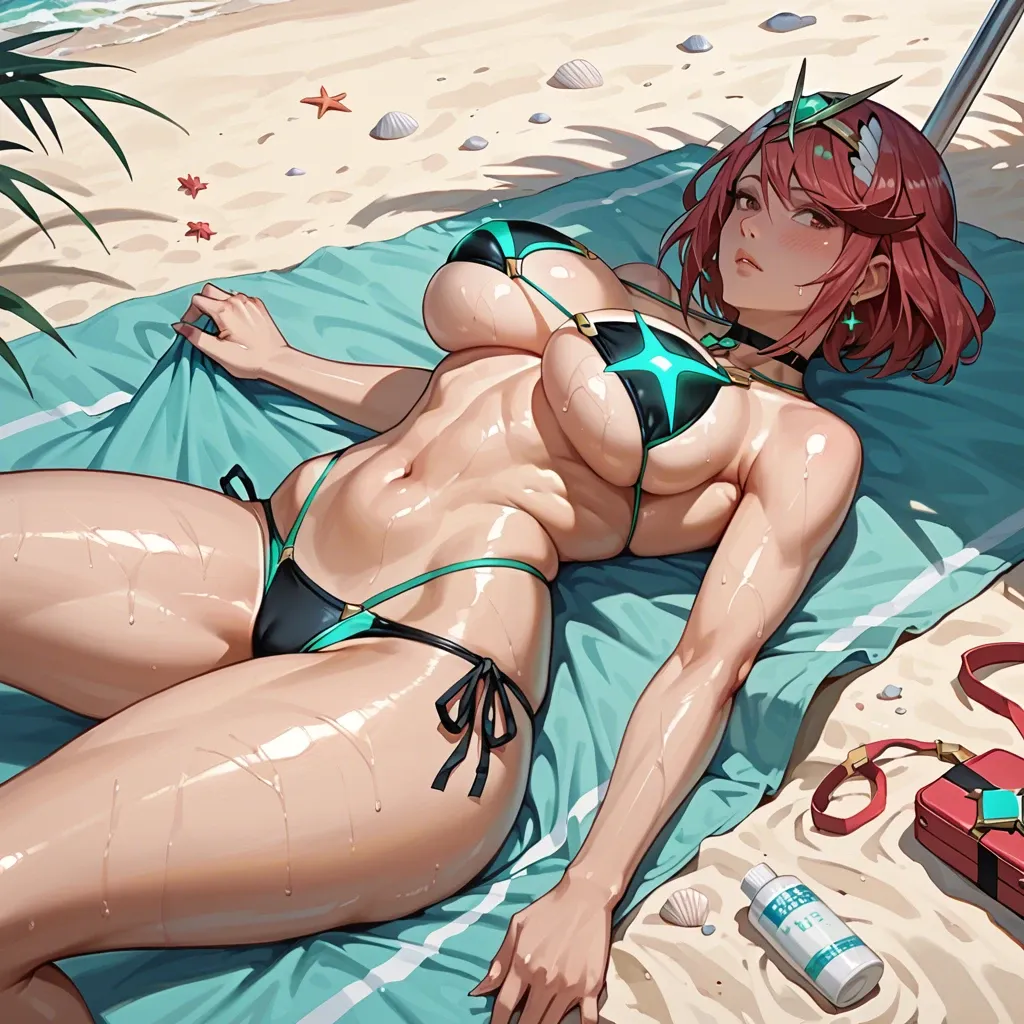 pyra, mythra, high quality, big tits, shiny skin, underboobs, very huge ass, focus on tits ,  cleavage, beach, swimsuit, lying, 2 women