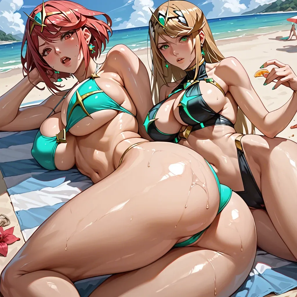 pyra, mythra, high quality, big tits, shiny skin, underboobs, very huge ass, focus on ass,  cleavage, beach, swimsuit, lying, 2 women