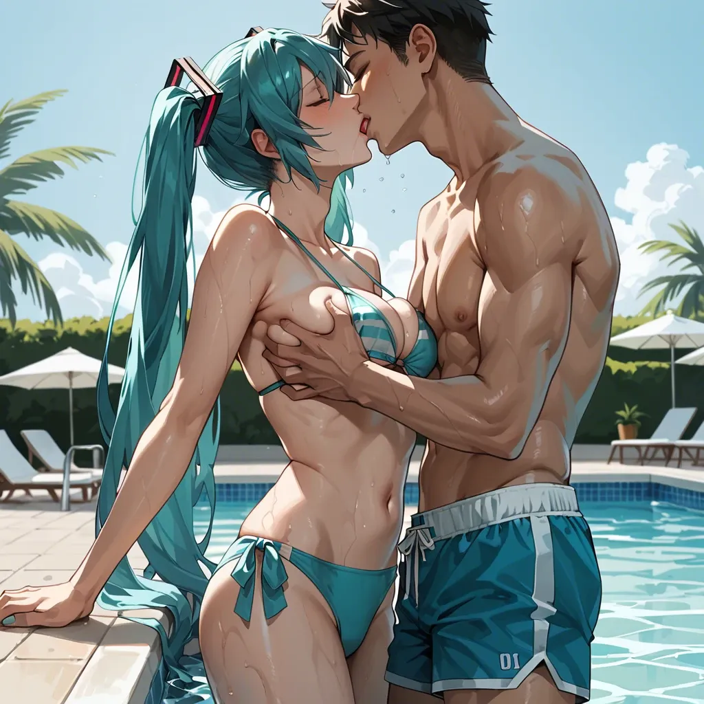 1girl, 1boy, hatsune miku, pool, standing, kissing, wearing bikini, wearing swimming trunks, breast grab