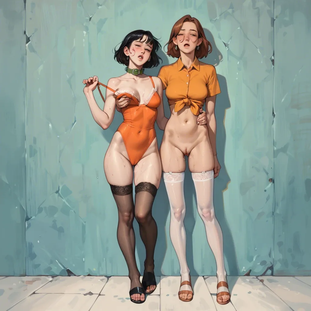 2girl, , , , rosy cheeks,kneepits,saggy breast,belly grab,robot joints, orange sundress,lace stockings,green collar,orange leotard,sandals, white t-shirt,stockings,collared,pull wet bra,high heels, club, spaceship, shelf, linked collars, spider-gwen