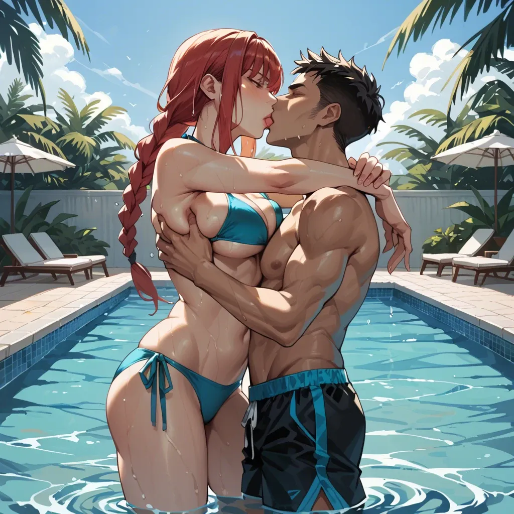 1girl, 1boy, makima, pool, standing, kissing, wearing bikini, wearing swimming trunks, breast grab