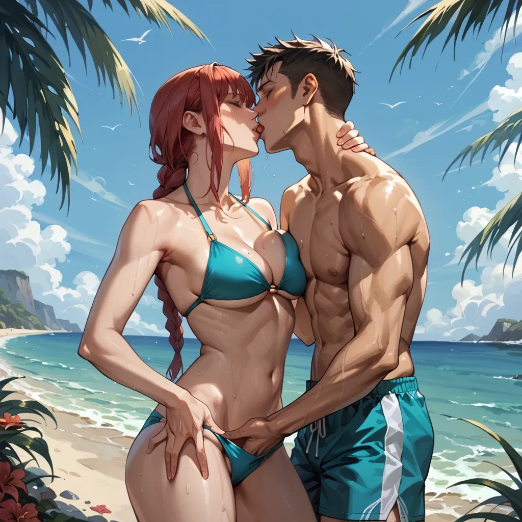 1girl, 1boy, makima, beach, standing, kissing, fingering, breast grab, bikini, swimming trunks