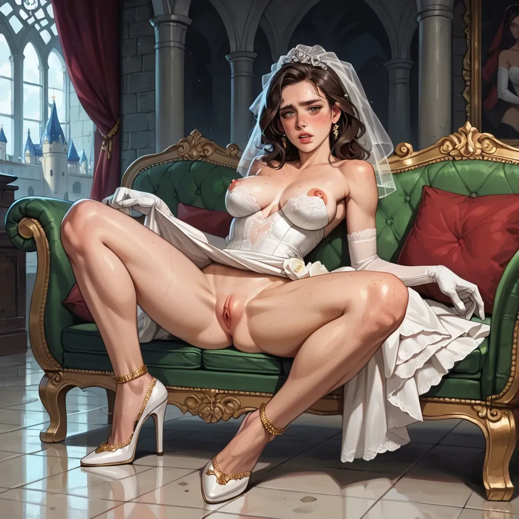 1girl,solo, , , , freckle,4 toes,perky tits,bar background,pink scaly skin, wedding dress,gold anklets,white gloves,no panties,stiletto heels, couch, castle