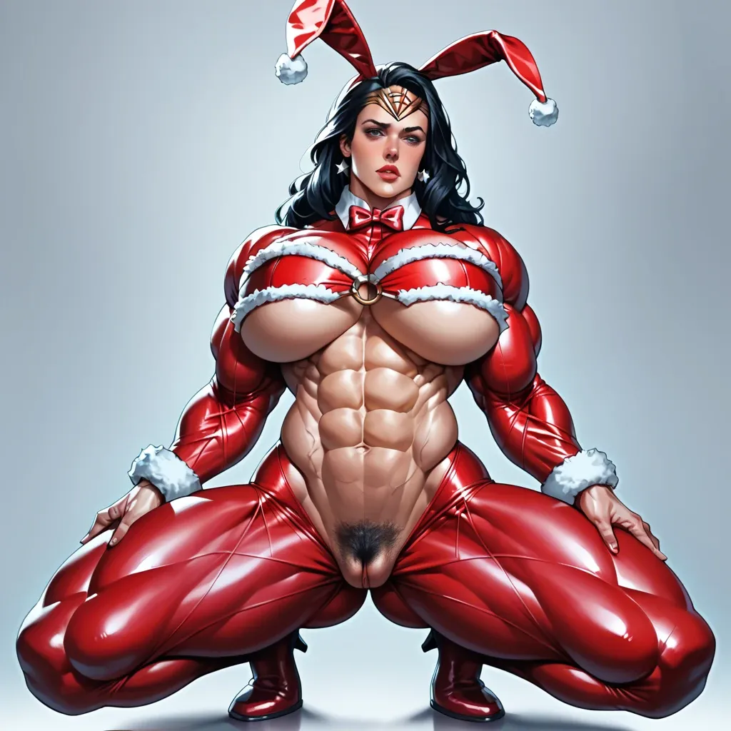 Wonder woman, santa costume, reverse bunnysuit  latex, huge breasts, hyper muscular female, hyper giant bodybuilding muscle trapèze, hyper giant bodybuilding muscle épaule, hyper giant Bodybuilding muscle biceps, big muscle dorsaux, club striptease