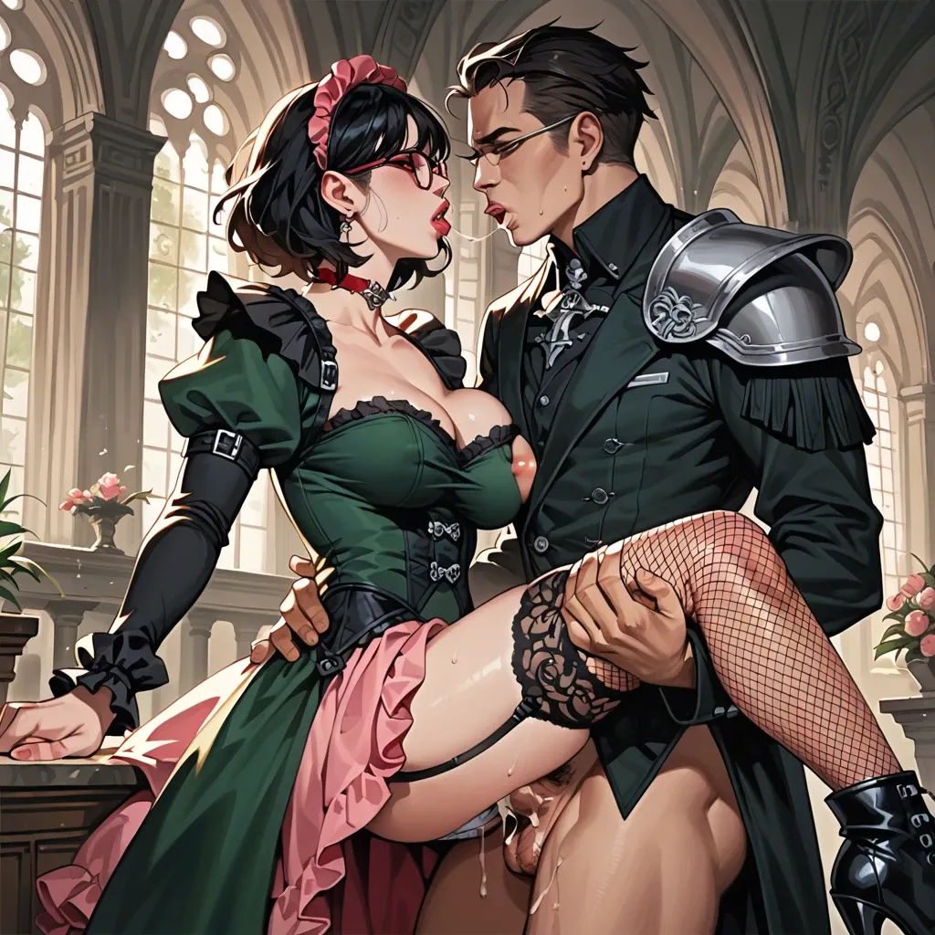 1girl,1boy, , , , very full lips,5 toes,nipple sucking,background,shoulder pads, dark green gown,garter belt,glasses,frilled panties,gothic boots, pink skirt,fishnets,red choker,white panties,platform heels, open uniform,lacey,rings,frilled panties,sandals, bathroom, gardens, throne room, robot, mario, rapunzel, waifu