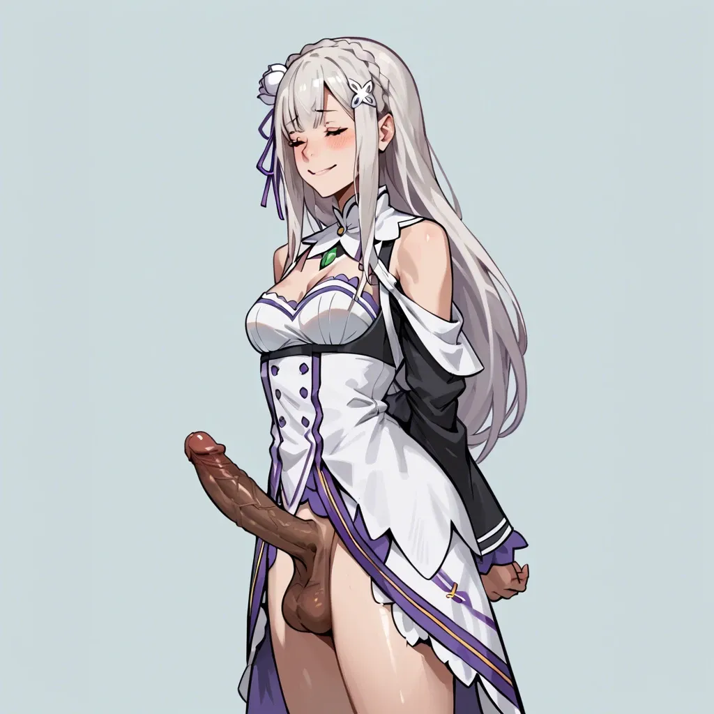 1girl, solo, Emilia (re:zero), futanari, dark penis, big balls, sweet smile, closed eyes, standing, arms behind back