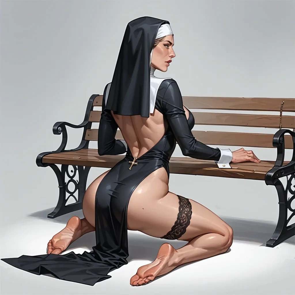 Hooker Jennifer Lawrence, At Bench, Sexy Nun Clothes, Lace Tulle Garter, Big Tight Ass, back cleavage, waist chain, on knees.