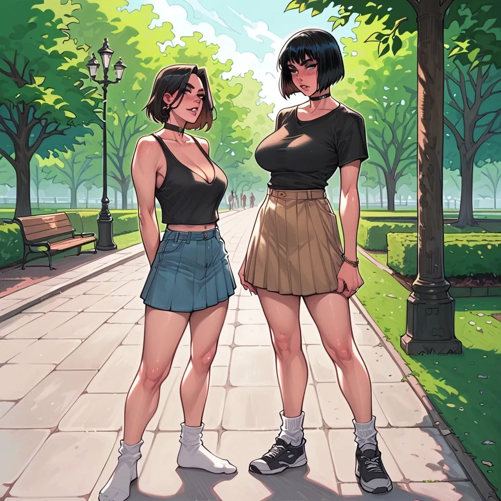 Melkormancin,chloe churry(black hair,Bob cut,curvy body,loose skirt,black top,long socks,chocker),standing,park