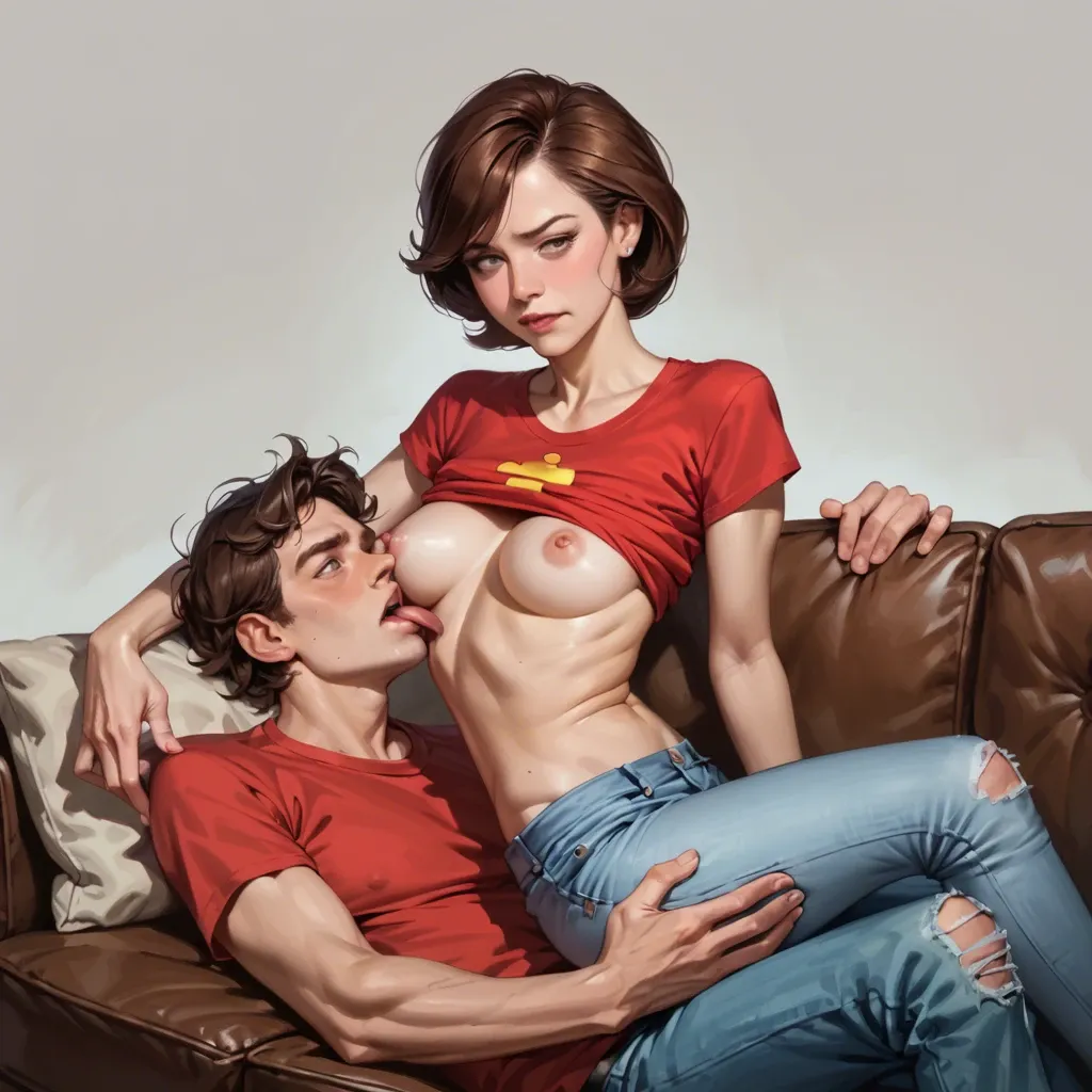 realistic,They are sitting on the couch and he licking her breasts,helen parr,mature,milf,skinny,petite,slim chest,nervous,teen boy Dipper Pines,wearing shirt and jeans