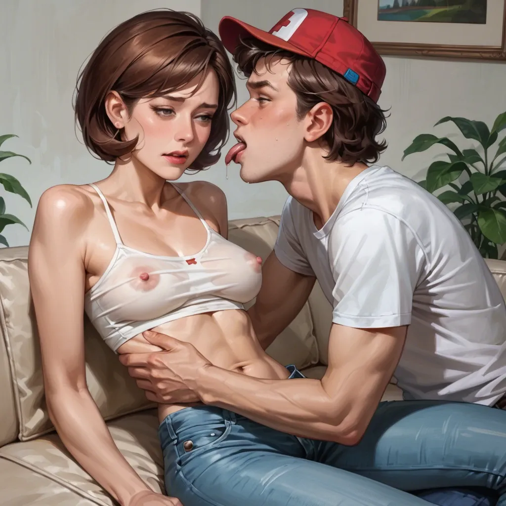 realistic,They are sitting on the couch and he licking her breasts,helen parr,mature,milf,skinny,petite,slim chest,nervous,teen boy Dipper Pines,wearing shirt and jeans