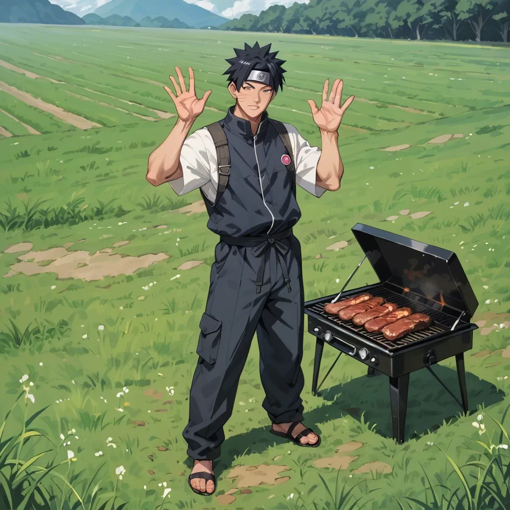 1 grill..Hinata Hyuga from the anime Naruto, Hinata Hyuga style, minimal Konuichi clothing, full body, waving hands, looking at the camera, location in a green grass field.