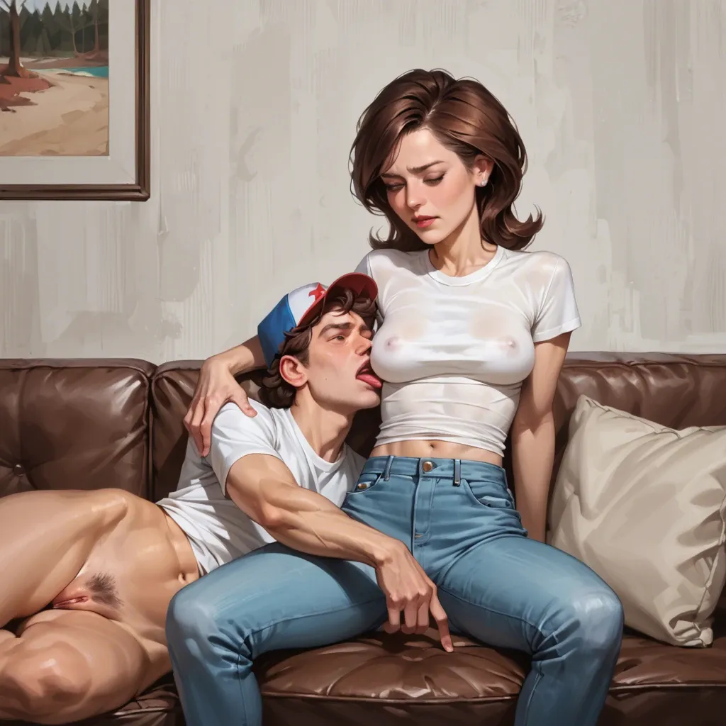 realistic,They are sitting on the couch and he licking her breasts,helen parr,mature,milf,skinny,petite,slim chest,nervous,teen boy Dipper Pines,wearing shirt and jeans