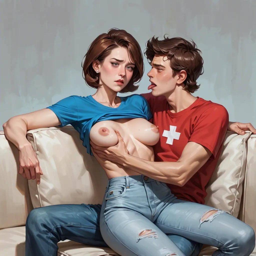 realistic,They are sitting on the couch and he licking her breasts,helen parr,mature,milf,skinny,petite,slim chest,nervous,teen boy Dipper Pines,wearing shirt and jeans