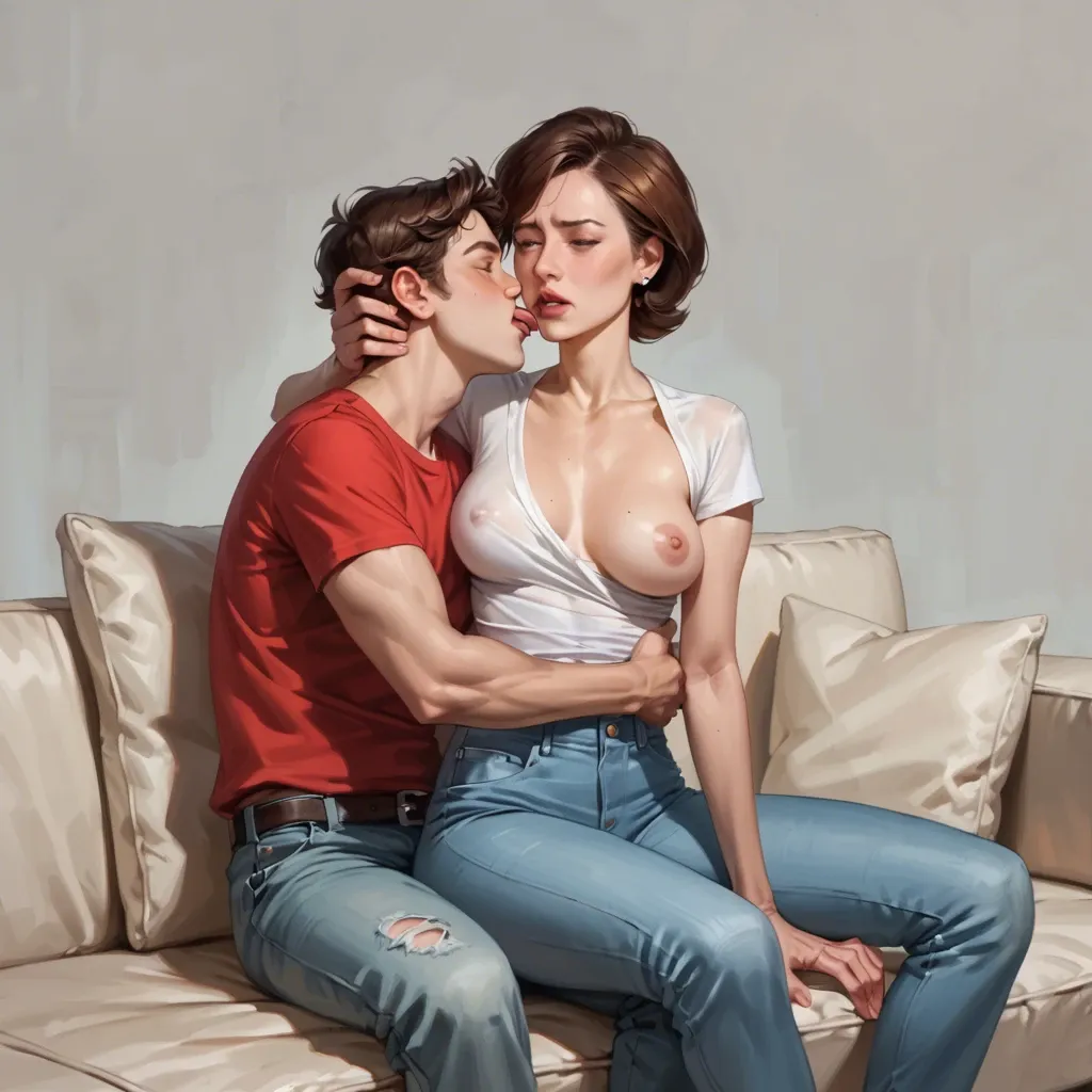 realistic,They are sitting on the couch and he licking her breasts,helen parr,mature,milf,skinny,petite,slim chest,nervous,teen boy Dipper Pines,wearing shirt and jeans