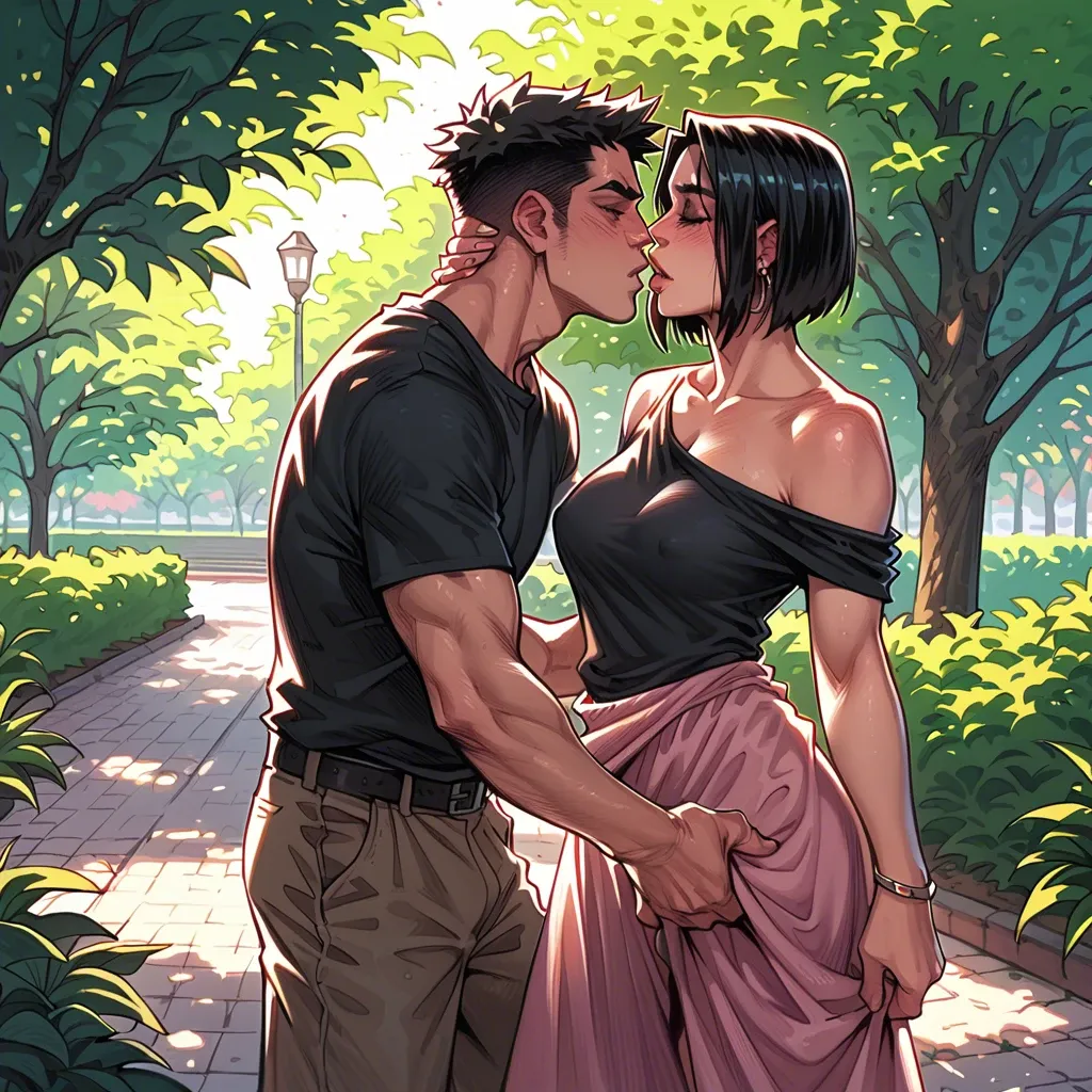 Melkormancin,chloe churry(black hair,Bob cut,curvy body,loose skirt,black top),romantic,park