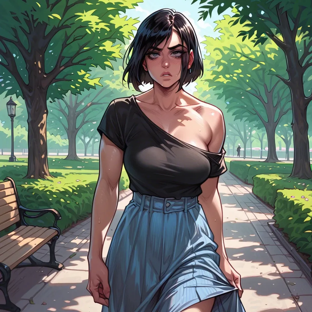 Melkormancin,chloe churry(black hair,Bob cut,curvy body,loose skirt,black top),romantic stare,park