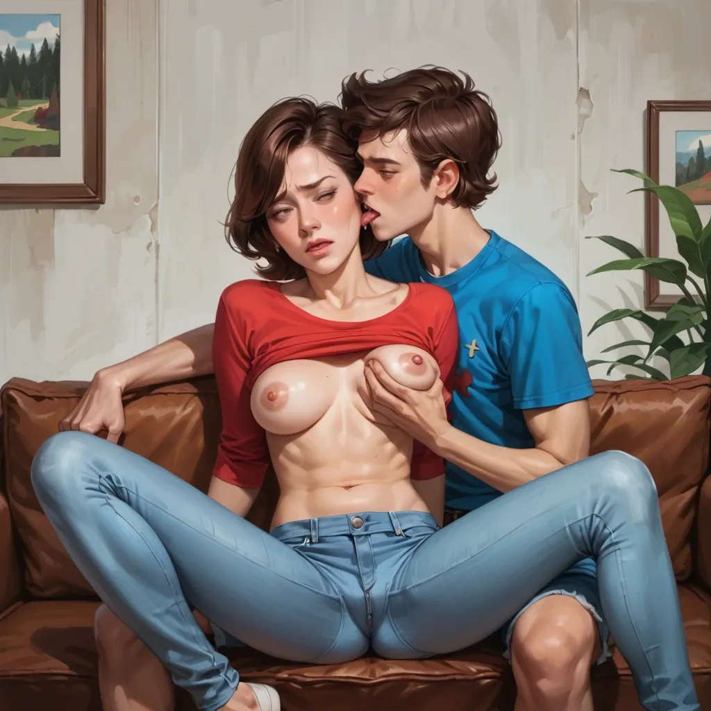 realistic,They are sitting on the couch and he licking her breasts,helen parr,mature,milf,skinny,petite,slim chest,nervous,teen boy Dipper Pines,wearing shirt and jeans