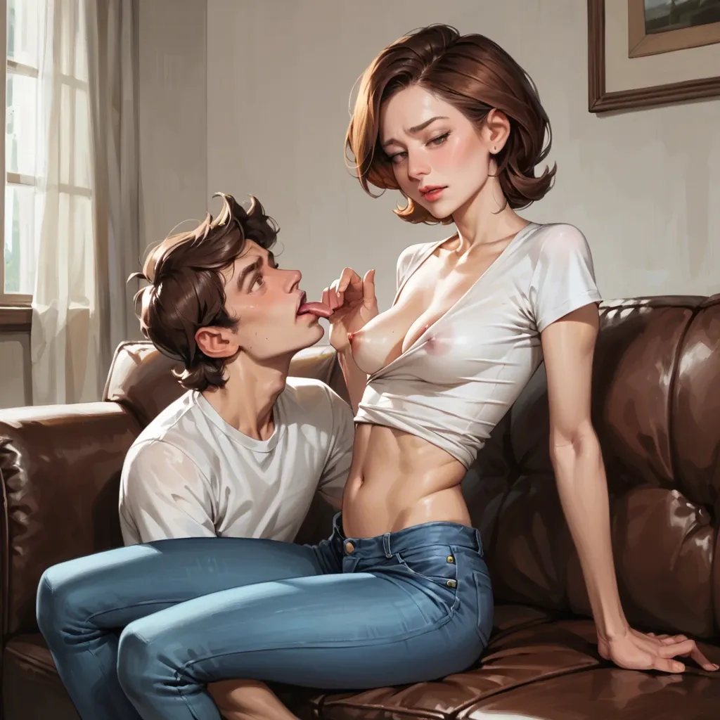 realistic,They are sitting on the couch and he licking her breasts,helen parr,mature,milf,skinny,petite,slim chest,nervous,teen boy Dipper Pines,wearing shirt and jeans