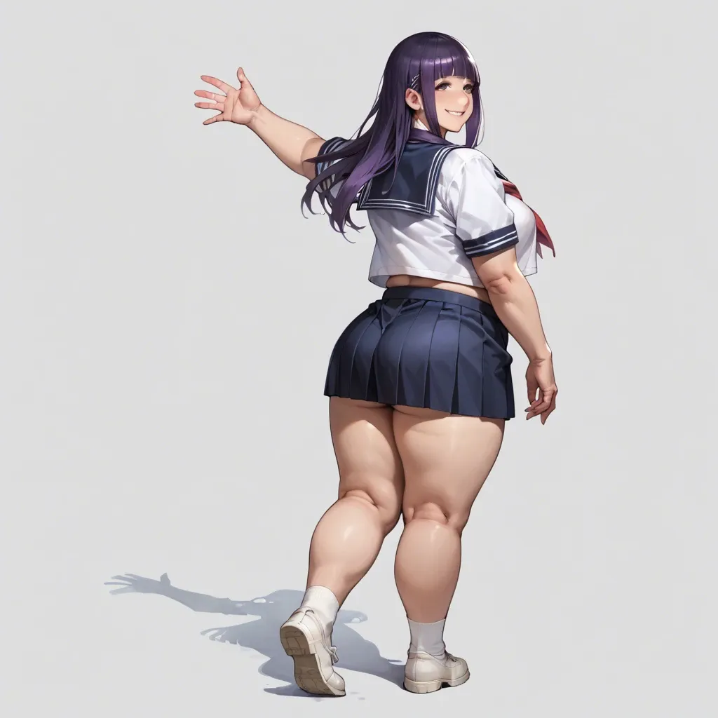 1 girl, Hinata Hyuga, purple hair, long hime cut, plump body, breasts too big, buttocks too big, mini sailor uniform, waving, smiling, full body, empty class.