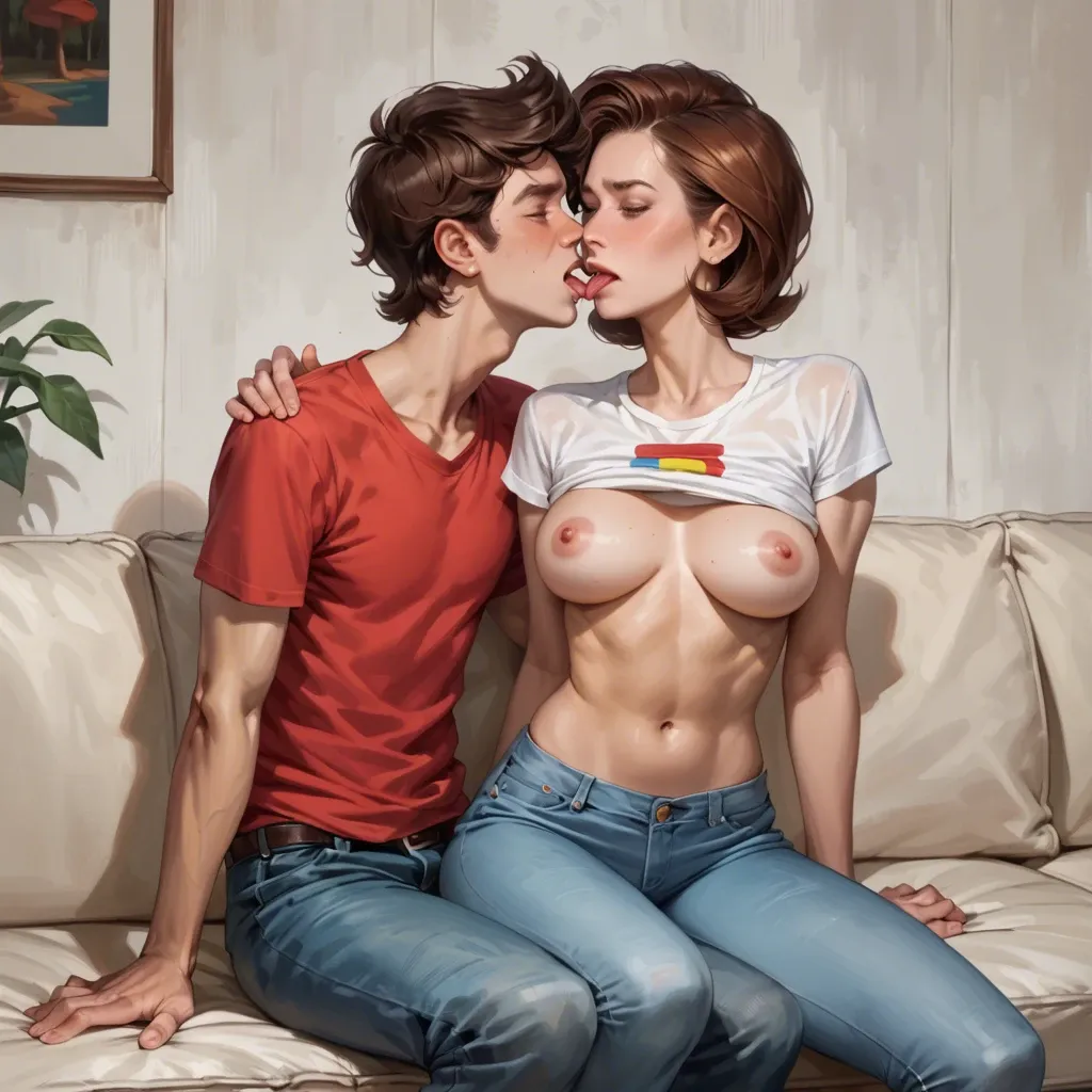 realistic,They are sitting on the couch and he licking her breasts,helen parr,mature,milf,skinny,petite,slim chest,nervous,teen boy Dipper Pines,wearing shirt and jeans