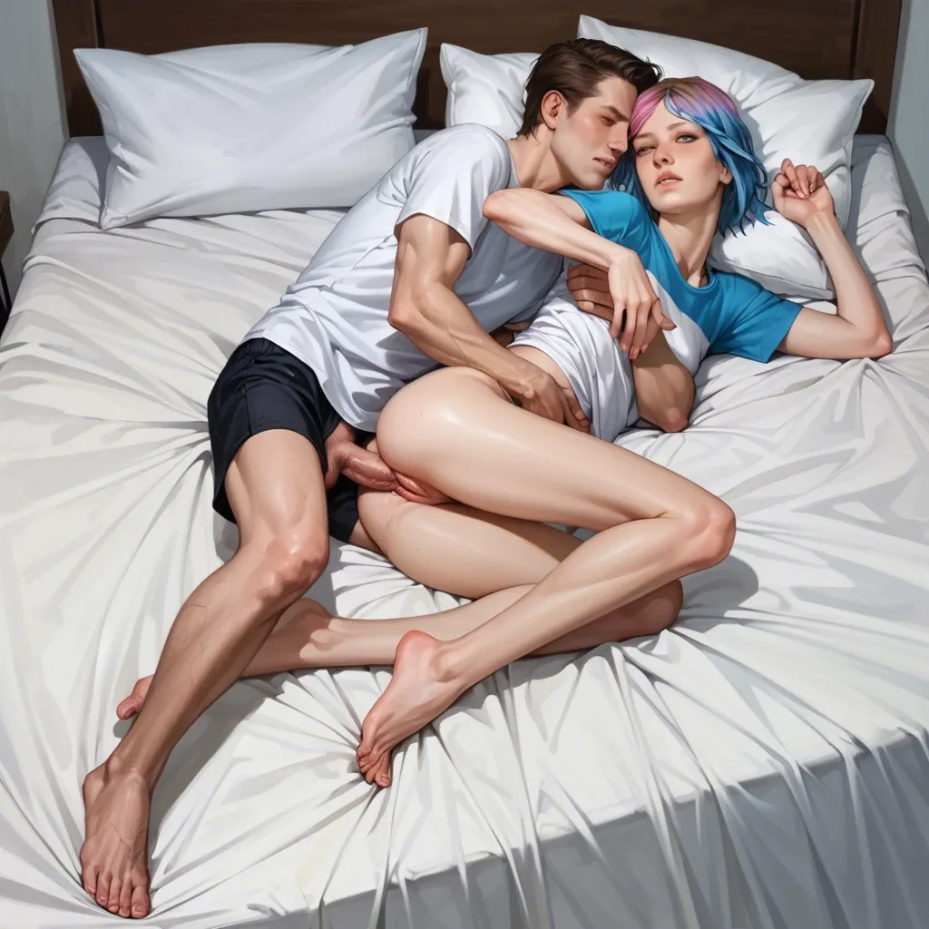 close up,realistic,Chloe Price,youngfull body and face,flat chest,skinny,petite,slim,puffy pussy,t-shirt,bed,Spooning vaginal Sex Pose,hugging,teen boy Jimmy Hopkins