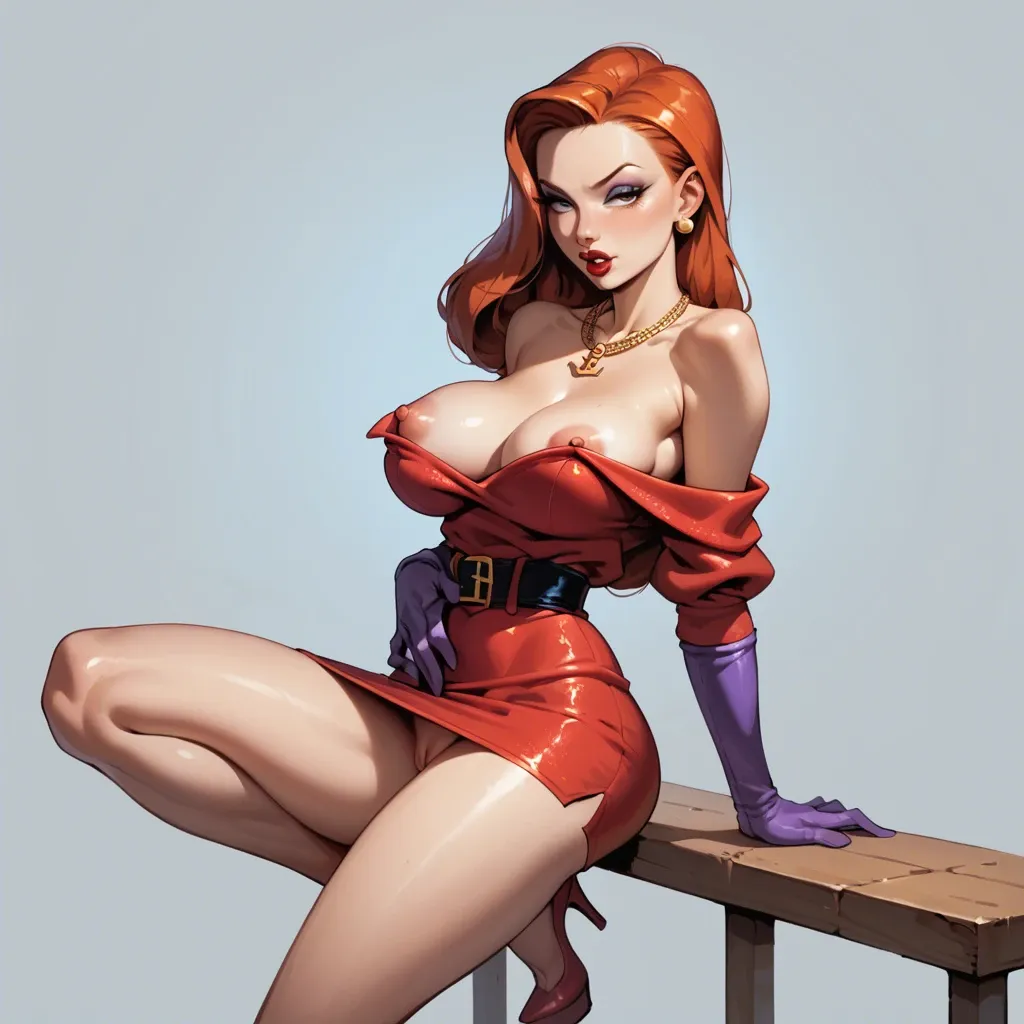 1girl,solo, , , , cute nose,tippy toes,medium tits,jessica rabbit,off shoulder, nose ring,handjob behind,puffy areolas,hands on waist,anchor necklace, underskirt,golden necklace,dog collar,white lingerie,sneakers, living room, dungeon, dildo, source anime, dark eyeshadow, spider-gwen, waifu