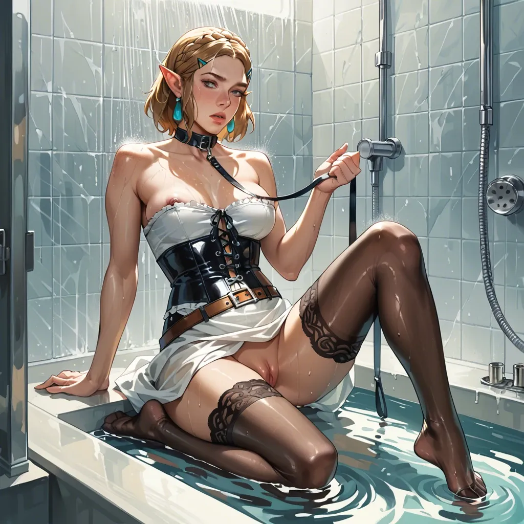 2girl, , , , heavy freckles,feet tied,nipple slip,adorable woman,clear skin, lift dress up,lace stockings,belt,latex corset,no shoes, glass shower, in the river, spaceship, leash, zelda, jasmine