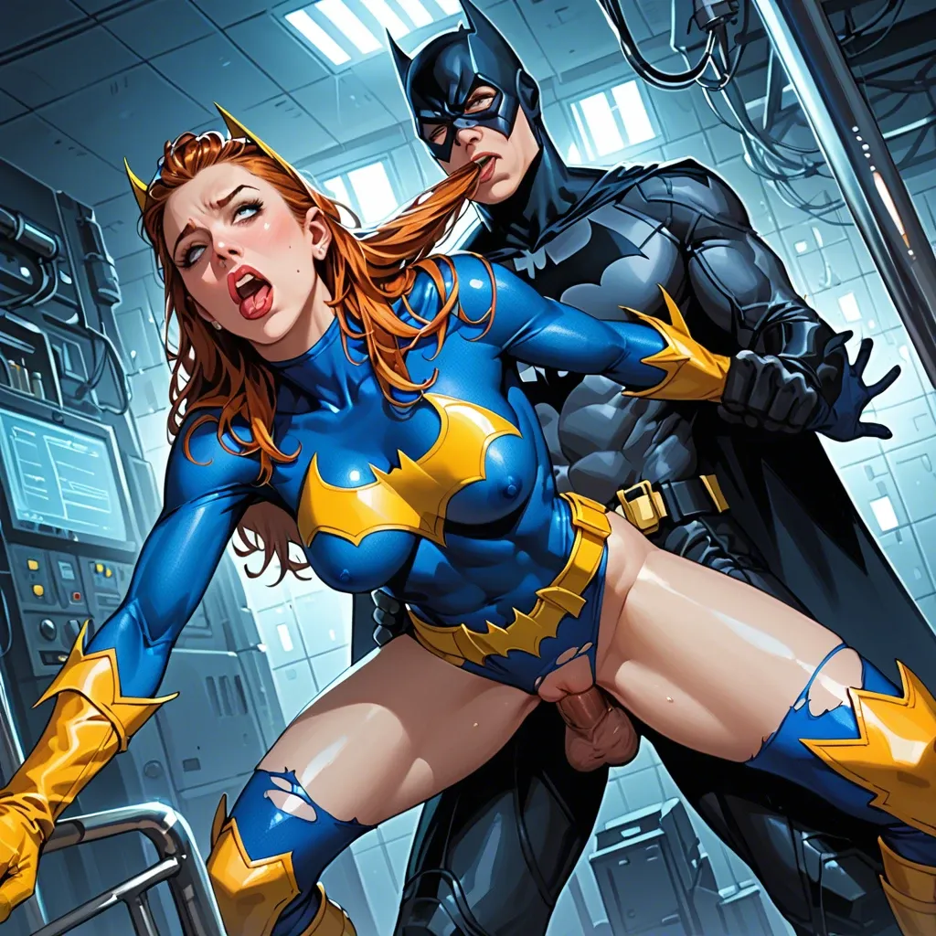 anime style picture of 1 boy and 1 girl, frog perspective, girl dressed as batgirl, boy dressed as batman, batgirl gets fucked from behind, hair pull, ripped outfits, emphasizing curves, intricate background of a laboratory, bright lights, sensual pose highlighting their figures