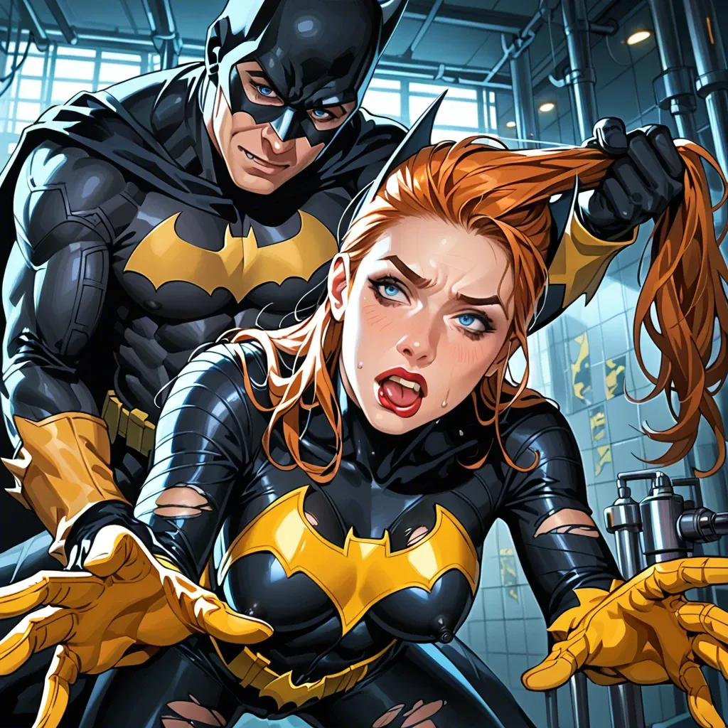 anime style picture of 1 boy and 1 girl, frog perspective, girl dressed as batgirl, boy dressed as batman, batgirl gets fucked from behind, hair pull, ripped outfits, emphasizing curves, intricate background of a laboratory, bright lights, sensual pose highlighting their figures